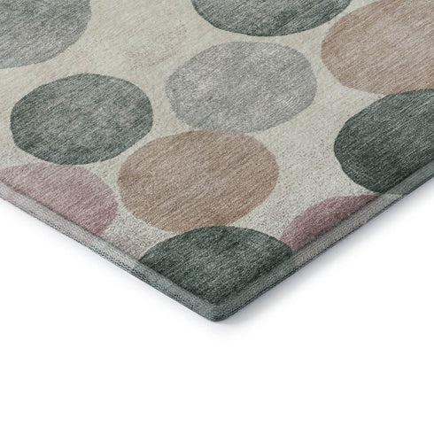 8' Salmon Emerald And Ivory Geometric Washable Round Rug With UV Protection