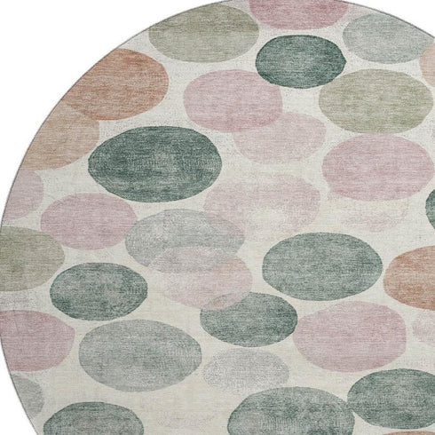 8' Salmon Emerald And Ivory Geometric Washable Round Rug With UV Protection