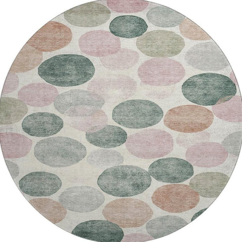 8' Salmon Emerald And Ivory Geometric Washable Round Rug With UV Protection