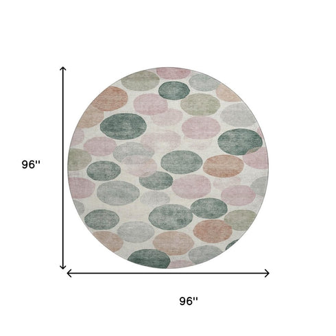 8' Salmon Emerald And Ivory Geometric Washable Round Rug With UV Protection