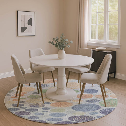 8' Denim Blue Green And Peach Geometric Washable Round Rug With UV Protection