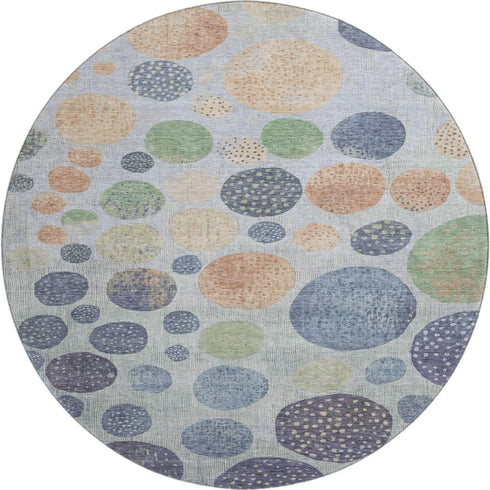 8' Denim Blue Green And Peach Geometric Washable Round Rug With UV Protection