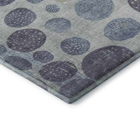 8' Denim Blue Green And Peach Geometric Washable Round Rug With UV Protection