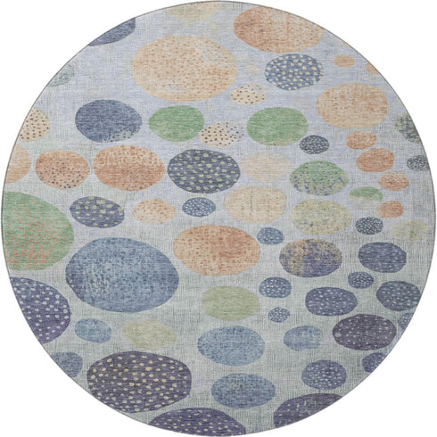 8' Denim Blue Green And Peach Geometric Washable Round Rug With UV Protection