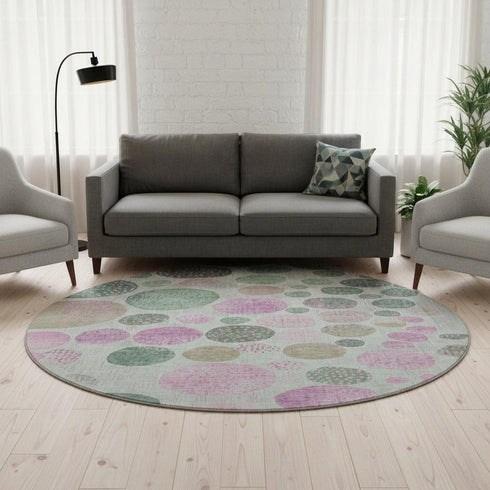 8' Sage And Blush Geometric Washable Round Rug With UV Protection