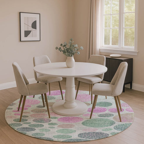 8' Sage And Blush Geometric Washable Round Rug With UV Protection