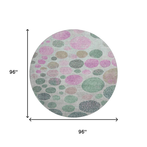 8' Sage And Blush Geometric Washable Round Rug With UV Protection