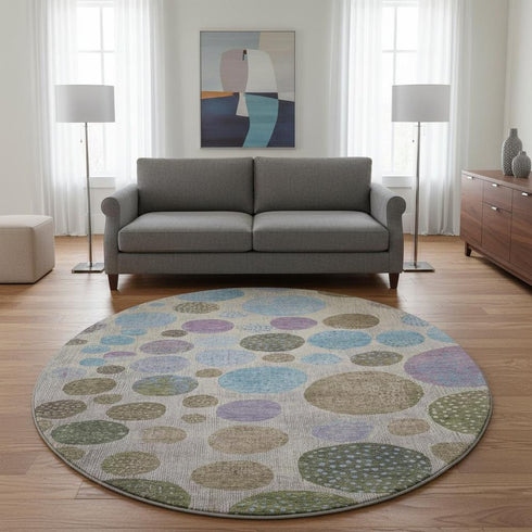 8' Taupe Blue And Beige Geometric Washable Round Rug With UV Protection
