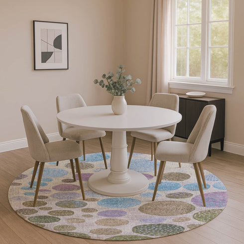 8' Taupe Blue And Beige Geometric Washable Round Rug With UV Protection