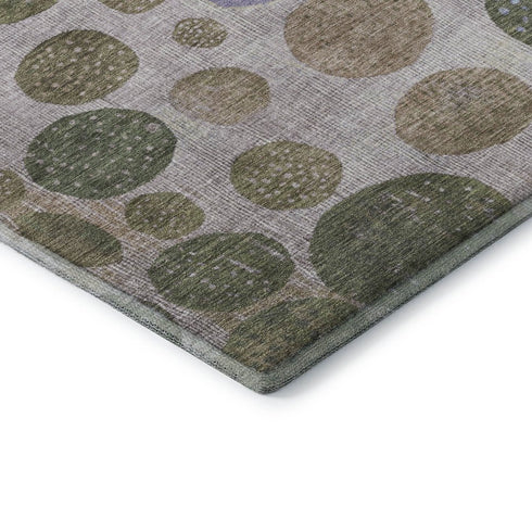 8' Taupe Blue And Beige Geometric Washable Round Rug With UV Protection