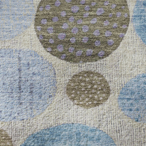 8' Taupe Blue And Beige Geometric Washable Round Rug With UV Protection