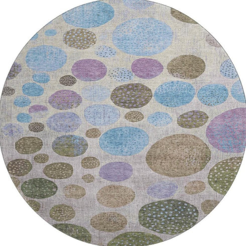 8' Taupe Blue And Beige Geometric Washable Round Rug With UV Protection