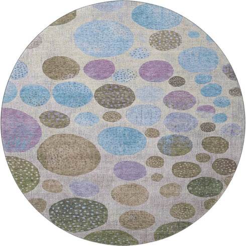8' Taupe Blue And Beige Geometric Washable Round Rug With UV Protection