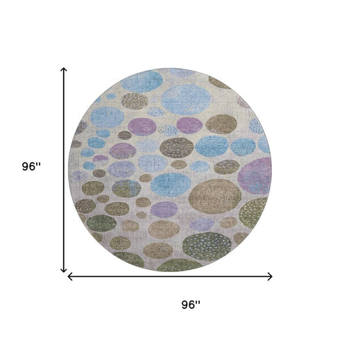 8' Taupe Blue And Beige Geometric Washable Round Rug With UV Protection