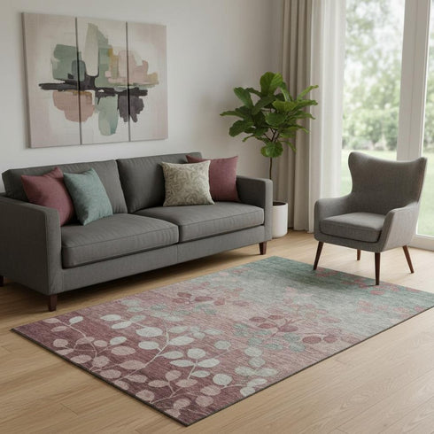 5' X 8' Blush And Emerald Floral Washable Area Rug With UV Protection