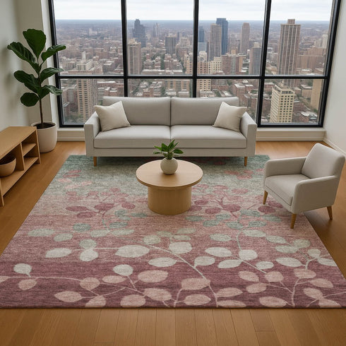 9' X 12' Blush And Emerald Floral Washable Area Rug With UV Protection