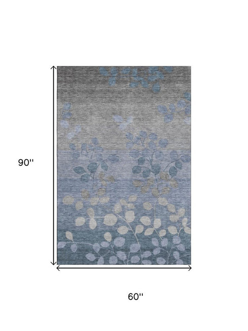 5' X 8' Denim Blue And Gray Floral Washable Area Rug With UV Protection