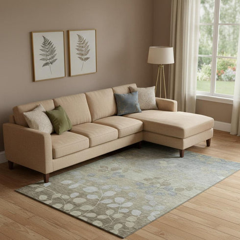 9' X 12' Khaki And Gray Floral Washable Area Rug With UV Protection