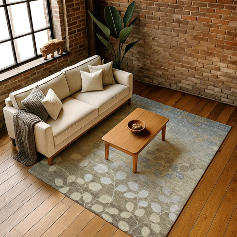 9' X 12' Khaki And Gray Floral Washable Area Rug With UV Protection