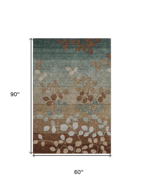5' X 8' Coffee And Gray Floral Washable Area Rug With UV Protection