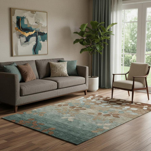 5' X 8' Coffee And Gray Floral Washable Area Rug With UV Protection
