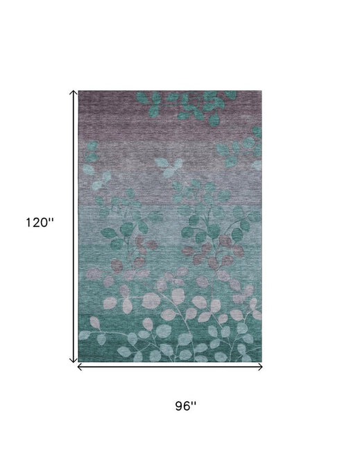 8' X 10' Teal And Gray Floral Washable Area Rug With UV Protection