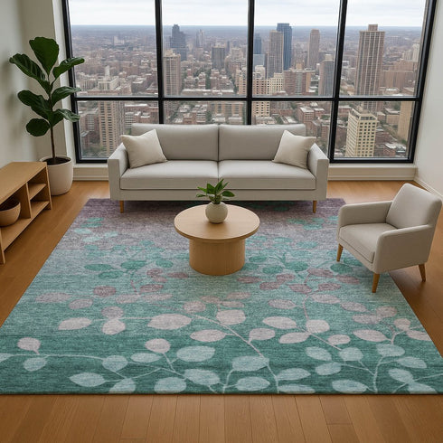 8' X 10' Teal And Gray Floral Washable Area Rug With UV Protection