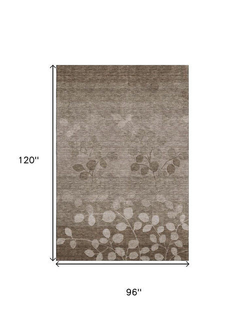 8' X 10' Taupe And Beige Floral Washable Area Rug With UV Protection