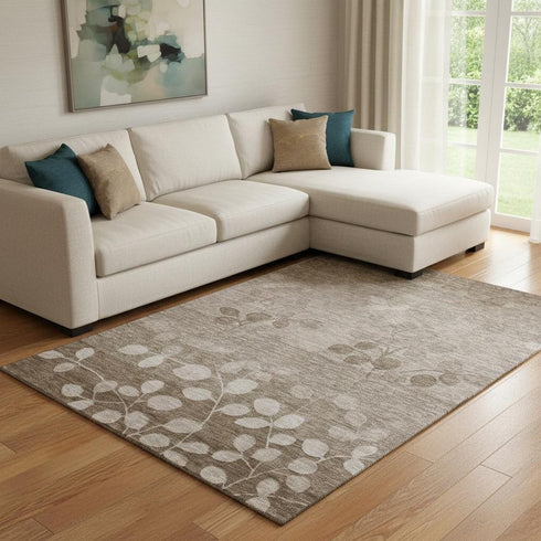 8' X 10' Taupe And Beige Floral Washable Area Rug With UV Protection