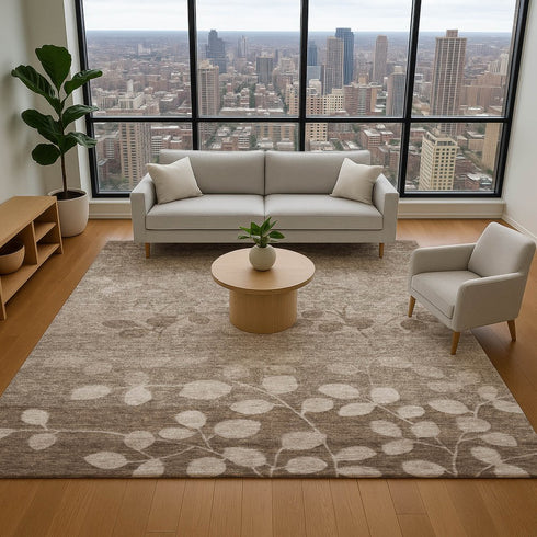 8' X 10' Taupe And Beige Floral Washable Area Rug With UV Protection