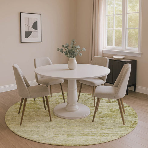 8' Artichoke Green And Ivory Abstract Washable Round Rug With UV Protection