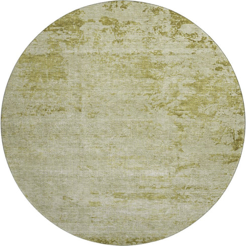 8' Artichoke Green And Ivory Abstract Washable Round Rug With UV Protection