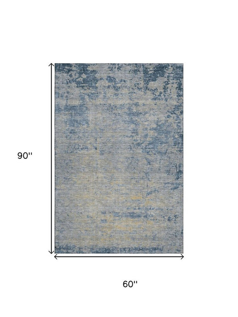 5' X 8' Navy Blue And Beige Abstract Washable Area Rug With UV Protection
