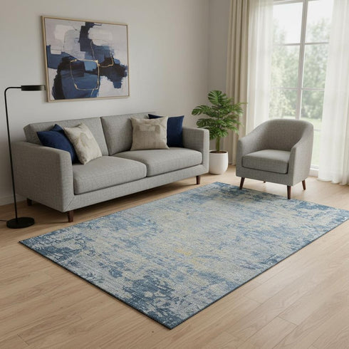 5' X 8' Navy Blue And Beige Abstract Washable Area Rug With UV Protection