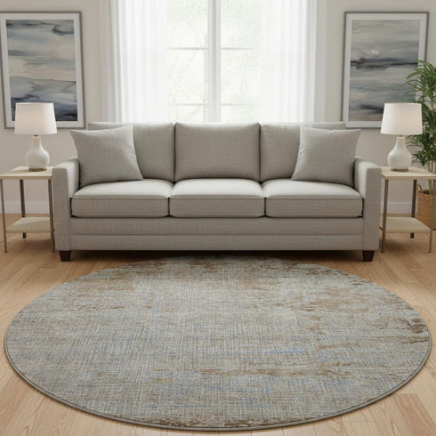 8' Taupe And Beige Abstract Washable Round Rug With UV Protection