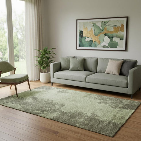 5' X 8' Olive Green And Beige Abstract Washable Area Rug With UV Protection
