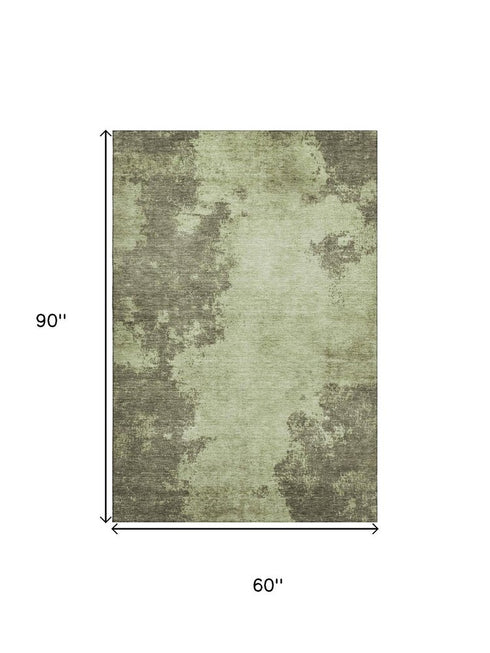 5' X 8' Olive Green And Beige Abstract Washable Area Rug With UV Protection