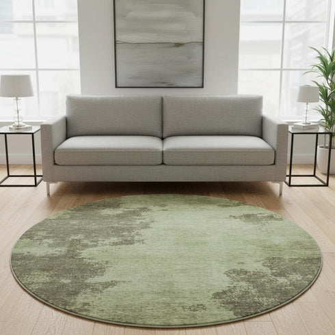 8' Olive Green And Beige Abstract Washable Round Rug With UV Protection