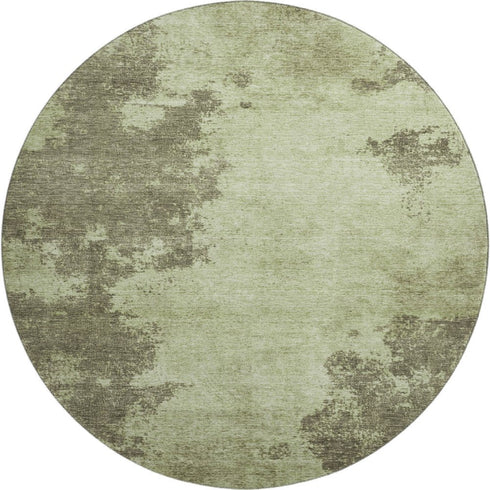 8' Olive Green And Beige Abstract Washable Round Rug With UV Protection