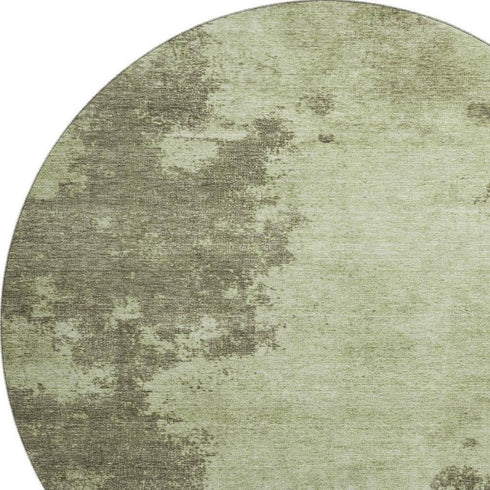 8' Olive Green And Beige Abstract Washable Round Rug With UV Protection