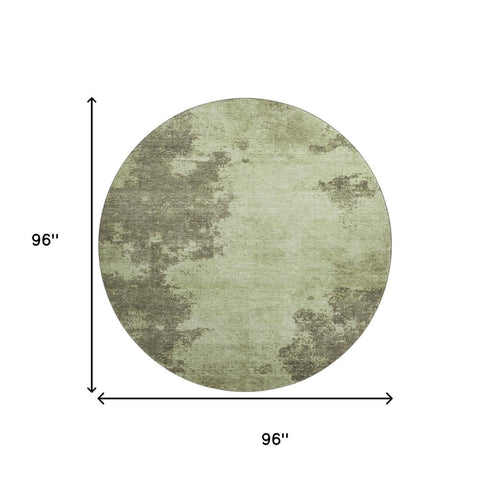 8' Olive Green And Beige Abstract Washable Round Rug With UV Protection