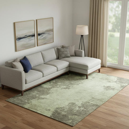 9' X 12' Olive Green And Beige Abstract Washable Area Rug With UV Protection