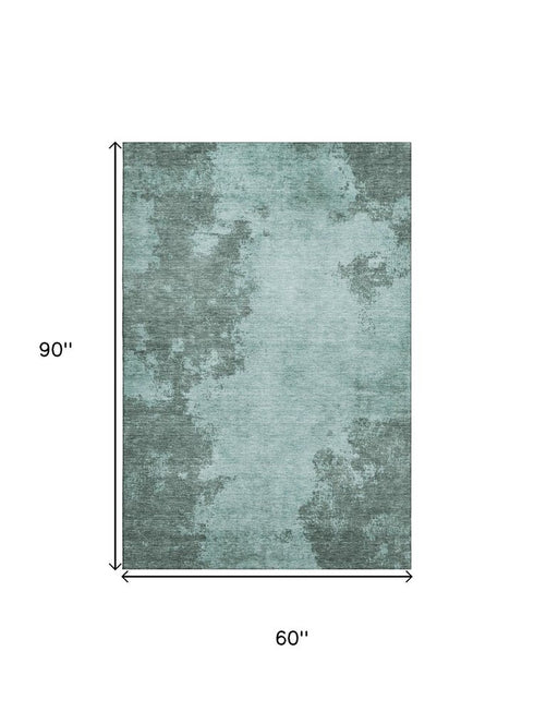 5' X 8' Teal And Gray Abstract Washable Area Rug With UV Protection