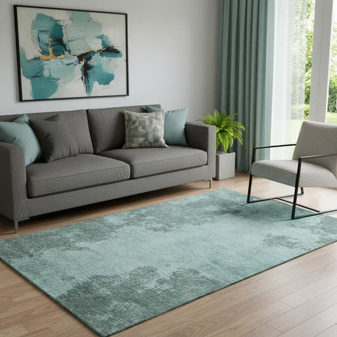 5' X 8' Teal And Gray Abstract Washable Area Rug With UV Protection