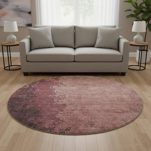 8' Coral And Burgundy Abstract Washable Round Rug With UV Protection