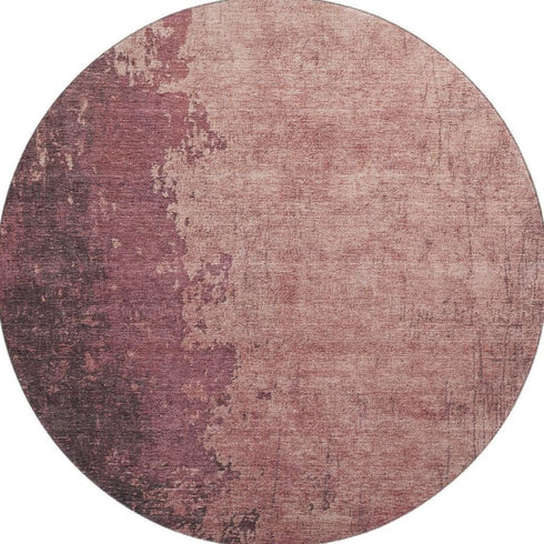 8' Coral And Burgundy Abstract Washable Round Rug With UV Protection