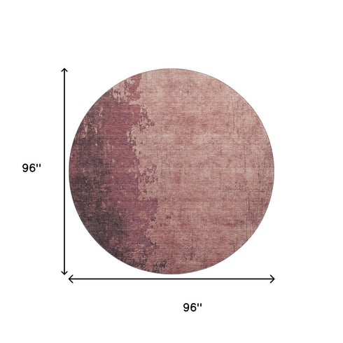 8' Coral And Burgundy Abstract Washable Round Rug With UV Protection