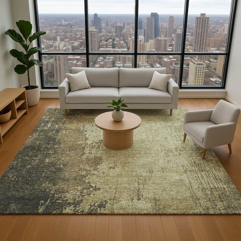 8' X 10' Olive Green And Brown Abstract Washable Area Rug With UV Protection