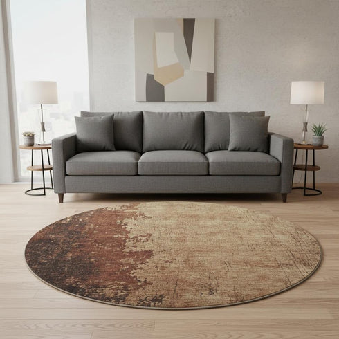 8' Rust And Copper Abstract Washable Round Rug With UV Protection