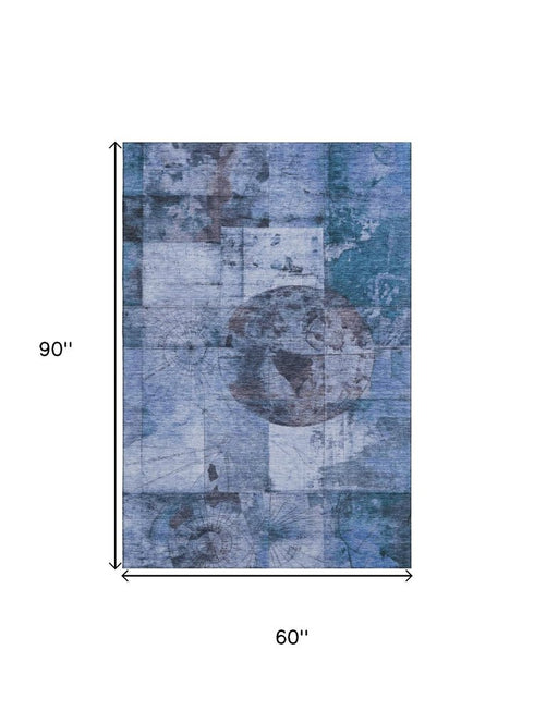5' X 8' Blue And Gray Geometric Washable Area Rug With UV Protection
